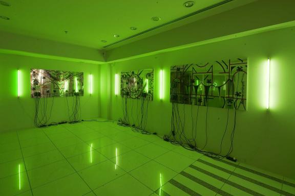 KAYA (Kerstin Brätsch & Debo Eilers), _OraKle Painting 01, 02, 03 (Catacomb Mirrors), 2018.