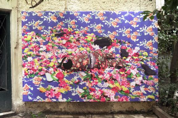 Ebony G. Patterson, Untitled (Among the weeds, backpack, shoes and stones), 2015. 