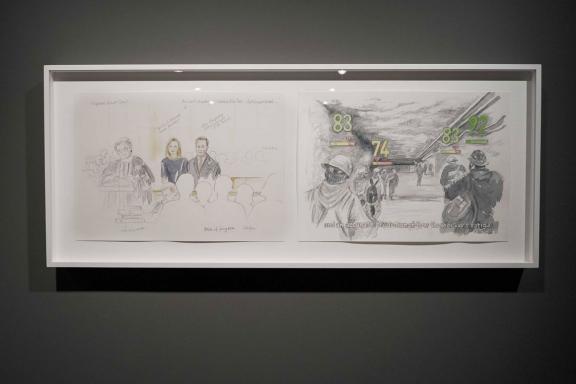 Simon Denny, Speculative accountability trial courtroom sketch: Brisbane supreme court, Caterpillar Biometric worker fatigue monitoring wristband, 2020. Άποψη εγκατάστασης 7ης Μπιενάλε της Αθήνας 2021 ECLIPSE, φωτογραφία: Νύσος Βασιλόπουλος.