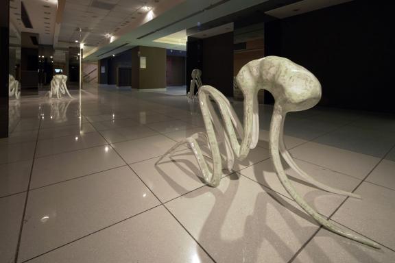 Claude Eigan, Inner Saboteur I, II, III, 2019-2020. Installation view at the 7th Athens Biennale 2021 ECLIPSE, photo: Nysos Vasilopoulos.