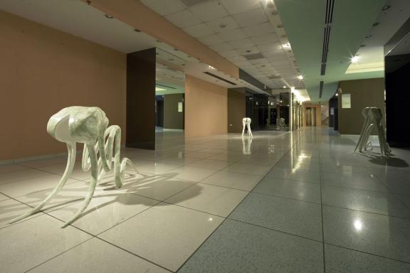 Claude Eigan, Inner Saboteur I, II, III, 2019-2020. Installation view at the 7th Athens Biennale 2021 ECLIPSE, photo: Nysos Vasilopoulos.