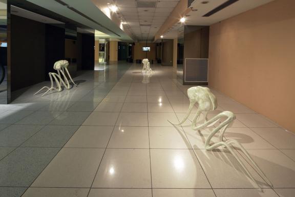 Claude Eigan, Inner Saboteur I, II, III, 2019-2020. Installation view at the 7th Athens Biennale 2021 ECLIPSE, photo: Nysos Vasilopoulos.