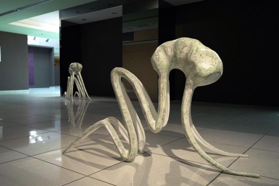 Claude Eigan, (front) Inner Saboteur III, 2020, (back) Inner Saboteur II, 2019. Installation view at the 7th Athens Biennale 2021 ECLIPSE, photo: Nysos Vasilopoulos.