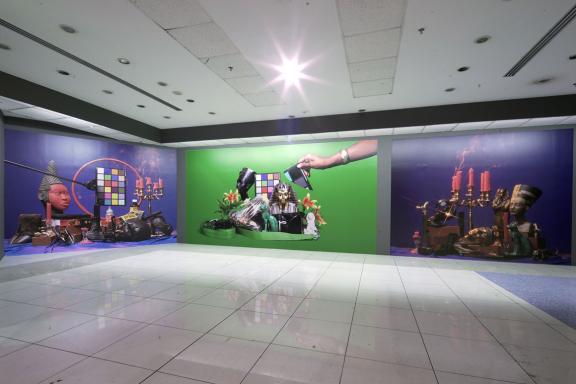 Awol Erizku, (from left to right) Black Fire, 2019. Asiatic Lilies, 2017. Malcolm x Freestyle (Pharaoh’s Dance), 2019-2020. Installation view at the 7th Athens Biennale 2021 ECLIPSE, photo: Nysos Vasilopoulos.