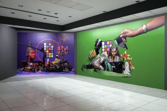 Awol Erizku, (from left to right) Black Fire, 2019. Asiatic Lilies, 2017. Installation view at the 7th Athens Biennale 2021 ECLIPSE, photo: Nysos Vasilopoulos.