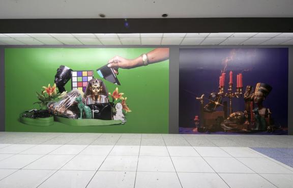 Awol Erizku, (from left to right) Asiatic Lilies, 2017. Malcolm x Freestyle (Pharaoh’s Dance), 2019-2020. Installation view at the 7th Athens Biennale 2021 ECLIPSE, photo: Nysos Vasilopoulos.