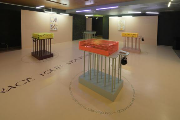 Happy New Tears, Omsk Social Club, Jonas Schoeneberg, The Living Necrologue, 2021. Installation view at the 7th Athens Biennale 2021 ECLIPSE, photo: Nysos Vasilopoulos.
