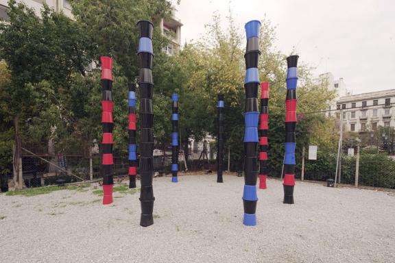 Satch Hoyt, Kush Yard Totem, 2011-2021. Installation view at the 7th Athens Biennale 2021 ECLIPSE, photo: Nysos Vasilopoulos.