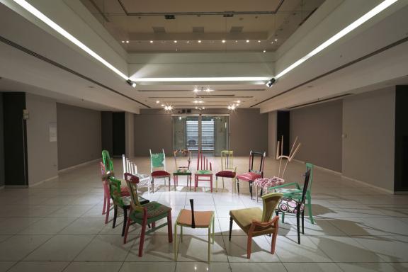 Yinka Ilori, The Art of Storytelling through Chairs. Workshop by Yinka Ilori, August 2021. Commissioned and produced by the Athens Biennale. Installation view at the 7th Athens Biennale 2021 ECLIPSE, photo: Nysos Vasilopoulos.