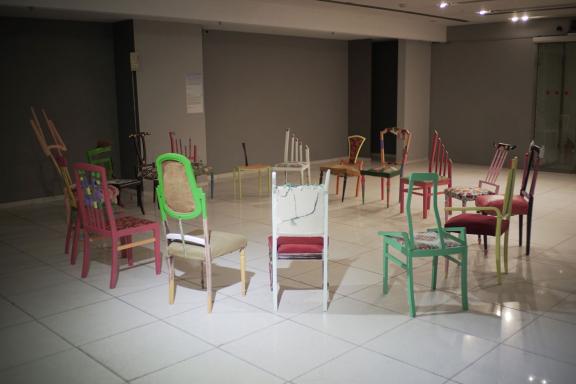 Yinka Ilori, The Art of Storytelling through Chairs. Workshop by Yinka Ilori, August 2021. Commissioned and produced by the Athens Biennale. Installation view at the 7th Athens Biennale 2021 ECLIPSE, photo: Nysos Vasilopoulos.