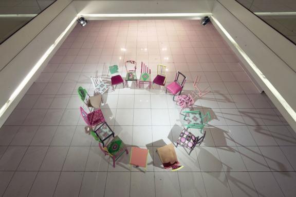 Yinka Ilori, The Art of Storytelling through Chairs. Workshop by Yinka Ilori, August 2021. Commissioned and produced by the Athens Biennale. Installation view at the 7th Athens Biennale 2021 ECLIPSE, photo: Nysos Vasilopoulos.