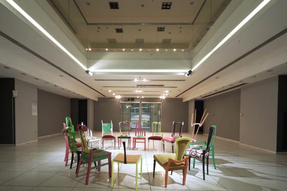 Yinka Ilori, The Art of Storytelling through Chairs. Workshop by Yinka Ilori, August 2021. Commissioned and produced by the Athens Biennale. Installation view at the 7th Athens Biennale 2021 ECLIPSE, photo: Nysos Vasilopoulos.