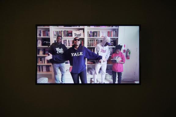 Tomash Jackson, Boys To Men, 2019. Tommy Tonight with Dimosthenis Babadie Kallay and the McCants-Green Family. Installation view at the 7th Athens Biennale 2021 ECLIPSE, photo: Nysos Vasilopoulos.