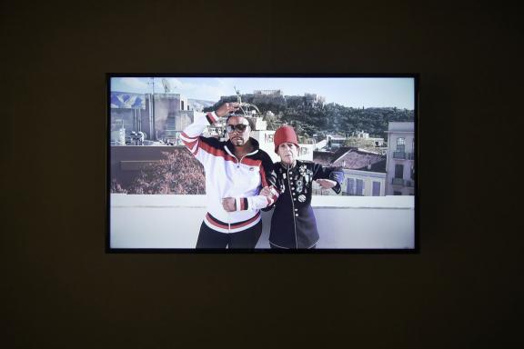 Tomashi Jackson, We're All Gonna Go!, 2019. Tommy Tonight with Eleni Mylonas. Installation view at the 7th Athens Biennale 2021 ECLIPSE, photo: Nysos Vasilopoulos.