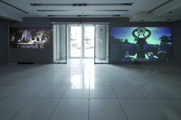 Jeyifous Olalekan, (left) 12 Encounters (part II), 2021. (right) 12 Encounters (part III), 2021. Installation view at the 7th Athens Biennale 2021 ECLIPSE, photo: Nysos Vasilopoulos.