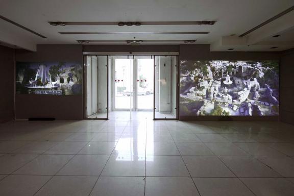 Jeyifous Olalekan, (left) 12 Encounters (part II), 2021. (right) 12 Encounters (part III), 2021. Installation view at the 7th Athens Biennale 2021 ECLIPSE, photo: Nysos Vasilopoulos.